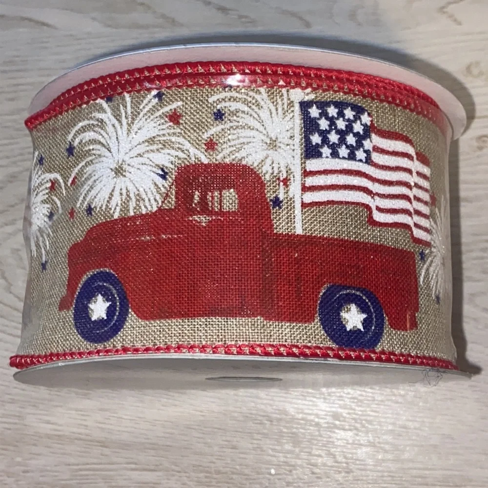 Red Truck American Flag Fireworks July 4th Wired Burlap Roll NWT